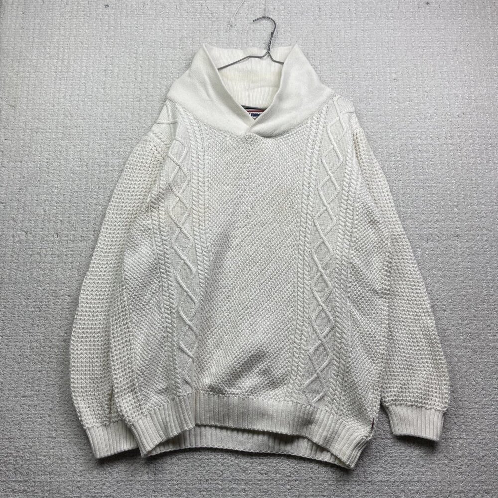 Soul of London 3D Cable Knit Shawl Collar White Sweater Mens 1XL Preppy Read
